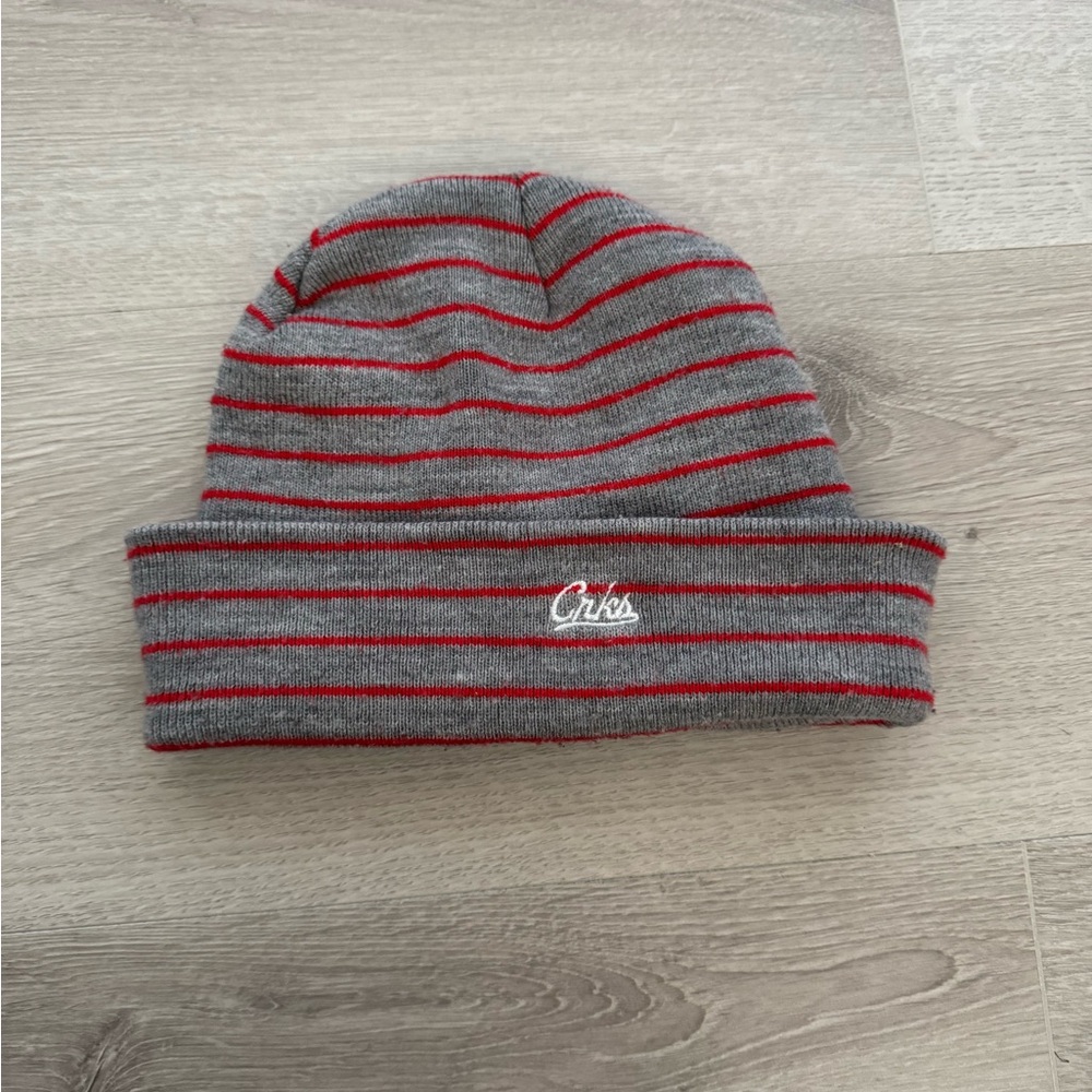 red and grey striped beanie